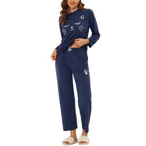 Womens Pajamas Set Nightwear Lounge Cute Cat Long Sleeve Sleepwear Blue
